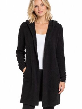 Barefoot Dreams Cozy Lite Black Hooded Open-Front Long Cardigan sz Large